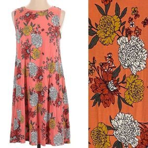 Loft coral orange floral print sleeveles crewneck stretch spandex shirt dress S